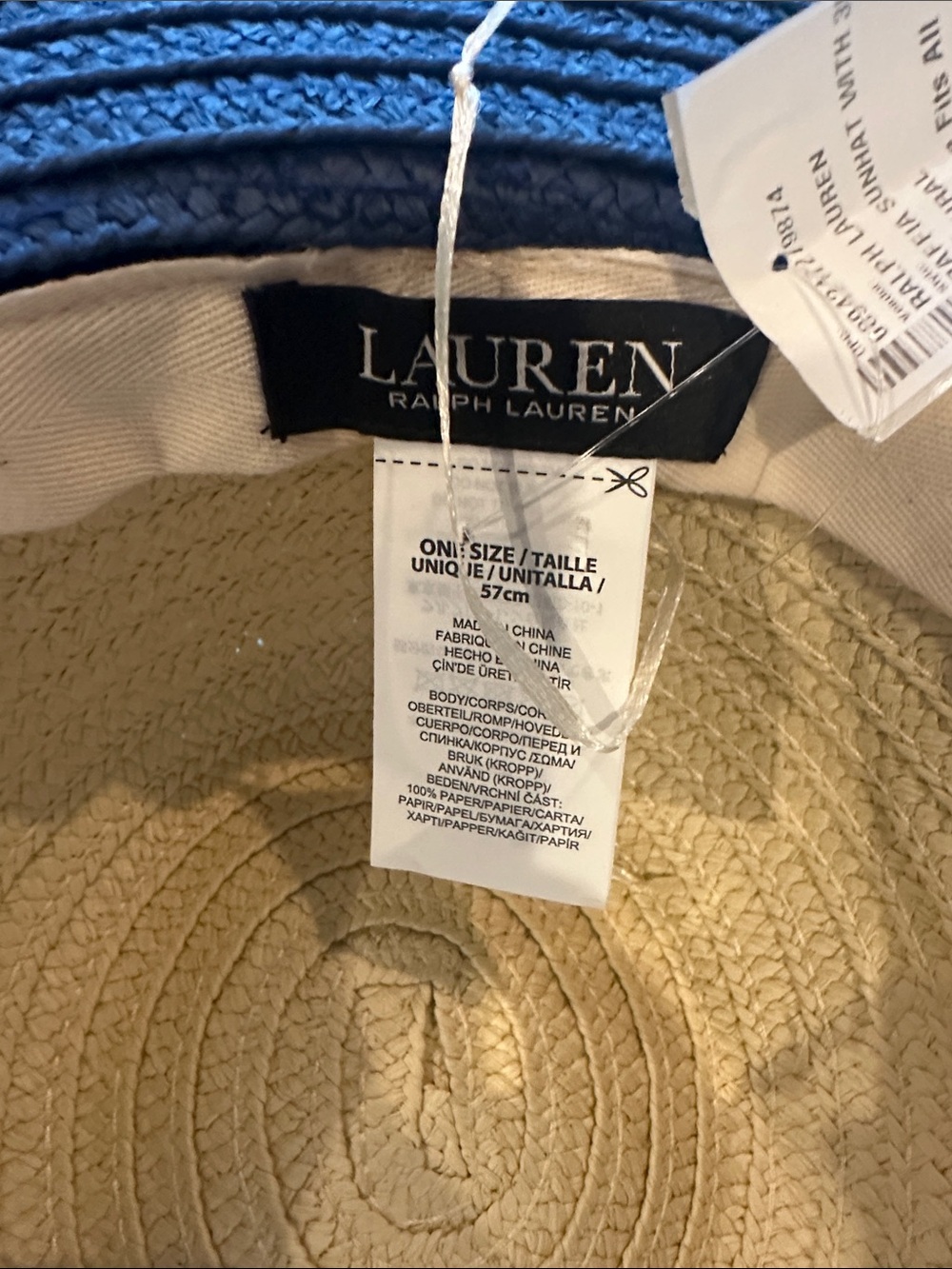 Lauren Ralph Lauren Two-Tone Straw Sun Hat in Navy & Natural with RL Monogram - Picture 6 of 7